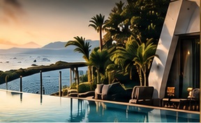Piscine et établissement hôtelier en bord de mer, image extraite du PDF ELEVATE