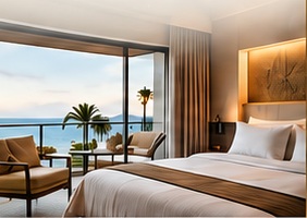 Chambre d’hôtel lumineuse avec vue sur la mer, image extraite du PDF ELEVATE