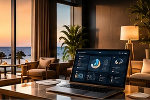 Outil numérique posé dans un intérieur hôtelier, image extraite du PDF ELEVATE